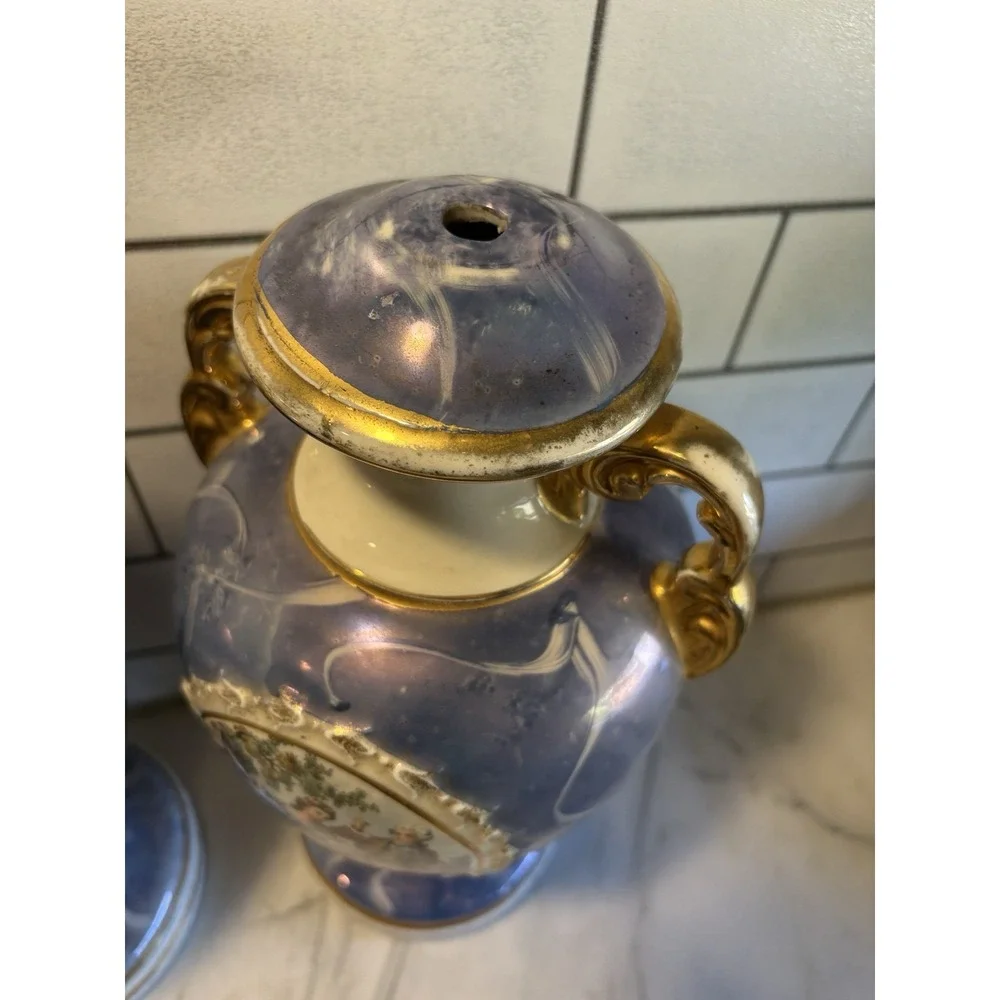 Vintage Le Mieux China 22K Gold Hand Decorated Courting Couple Vase Pair